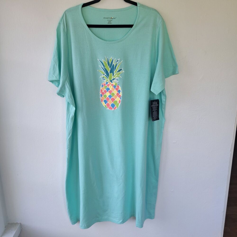NEW Dreams & Co Womens 1X/2X PLUS Pineapple Nightgown Dress Teal Oversized Sleep